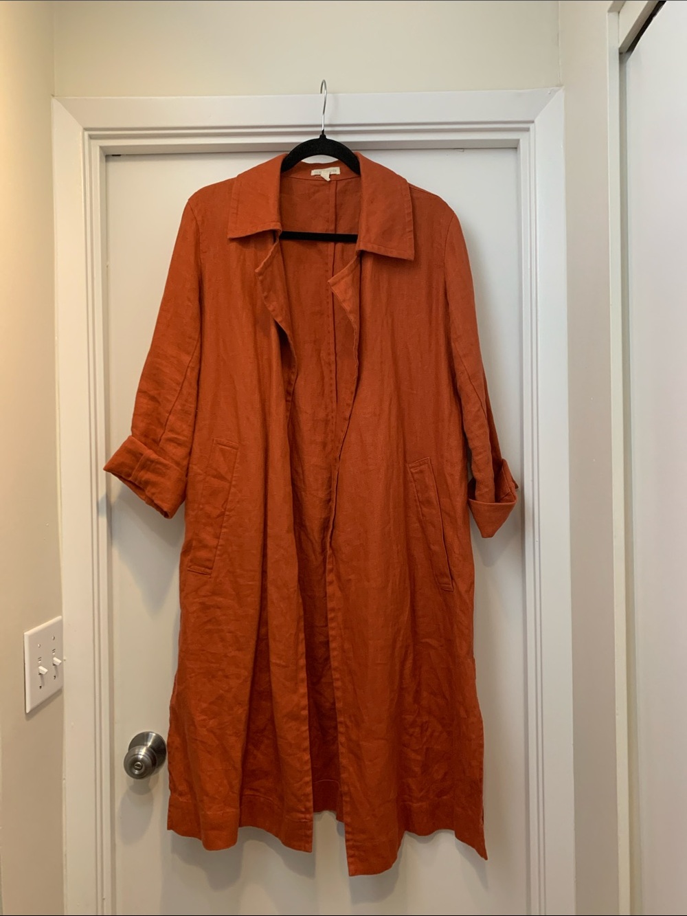 100 Organic Linen Eileen Fisher Rust-Orange Lightweight Trench Coat